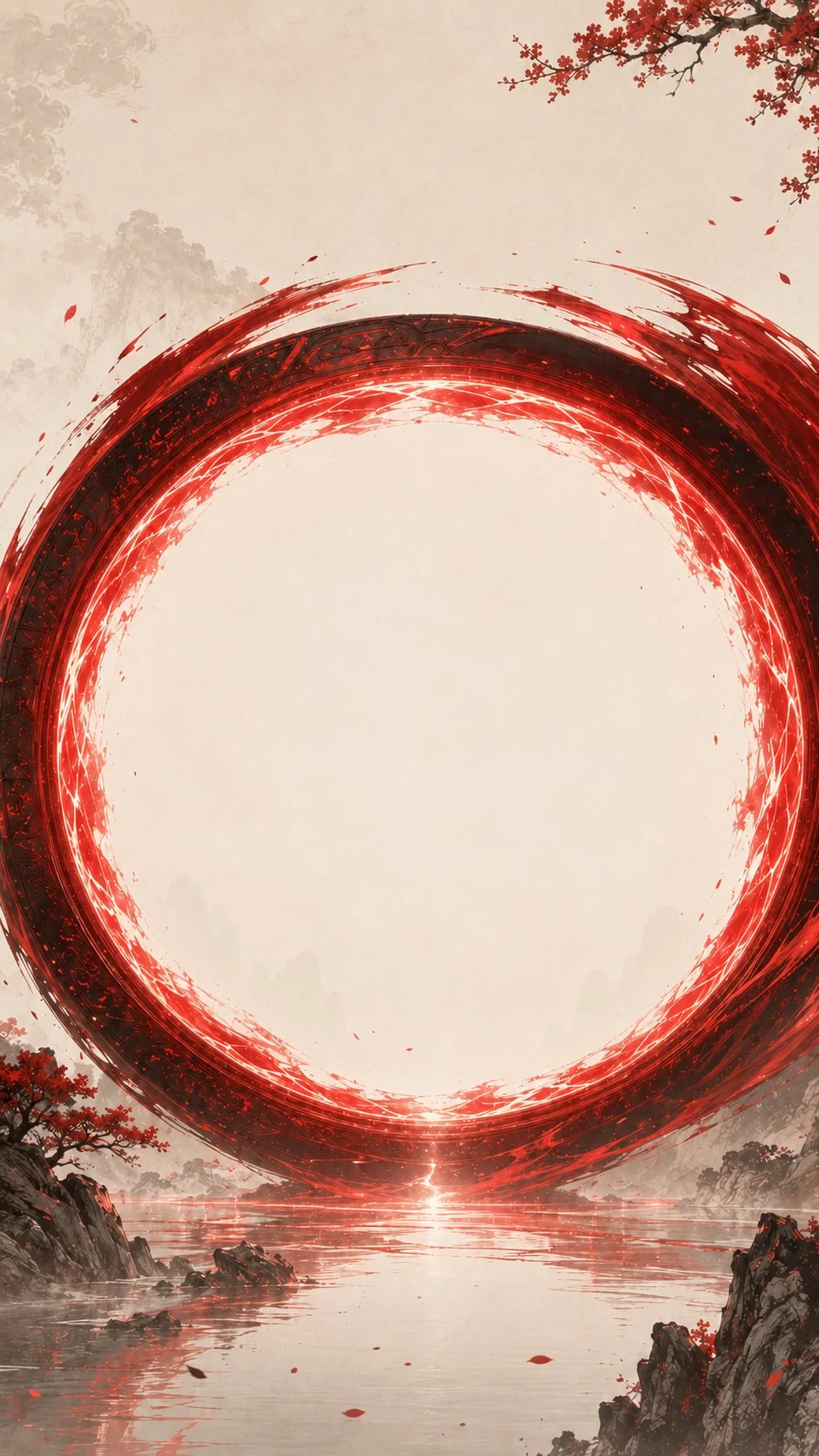Portail d'encre rouge SENKYRA SAMA — un cercle de sumi-e traversé par un dragon, d'où émergent les pièces de la collection